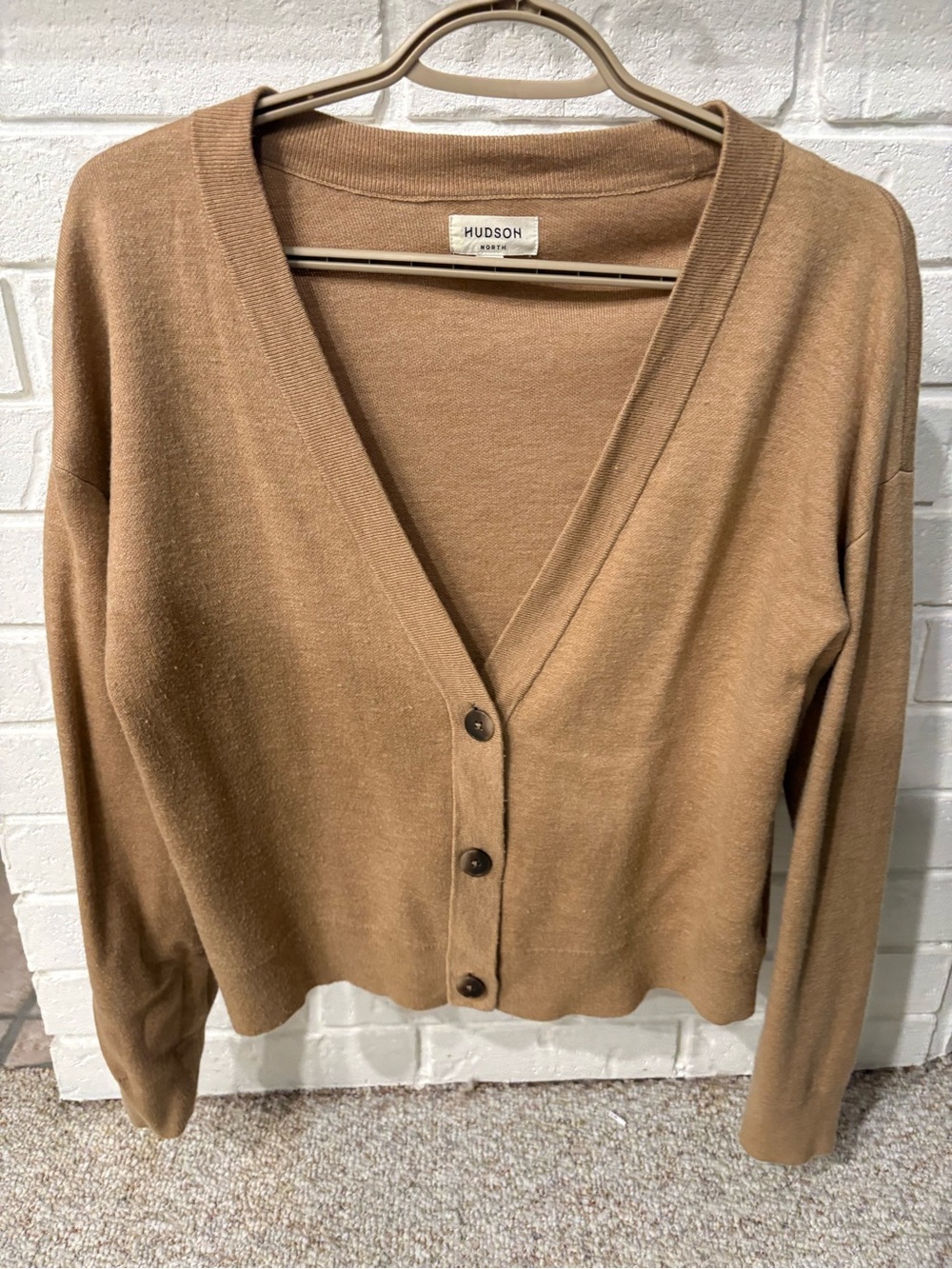 Hudson Bay Brand Womenโs Tan V-Neck Button Cardigan Sweater